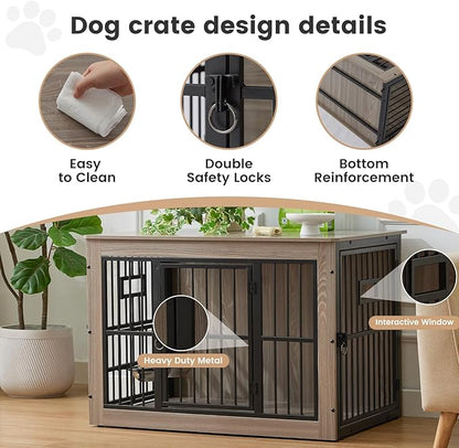 38 Inch Heavy Duty Dog Crate Furniture for Medium Dogs, Decorative Pet House End Table with 3 Doors & Adjustable Bowls, Wooden Cage Kennel Furniture Indoor, Rustic Grey