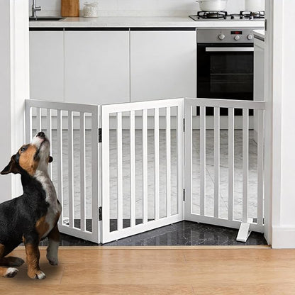 ZJSF Freestanding Indoor Dog Gate for House Foldable Wood White Puppy Gate for Doorways Pet Gate for Stairs Extra Wide Pet Fence 24" Height 3 Panels