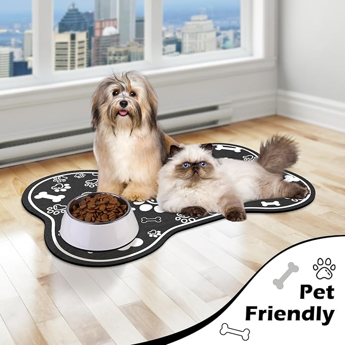 Voanos Dog Cat Food Mat,Rapid AbsorbentPet Feeding Mat, Bone Shaped Dog Placemat Water Bowl Mat with Rubber Backing,No Stains Dog Cat Food Mats Indoor, Pet Accessories Supplies 12""x18"" Black