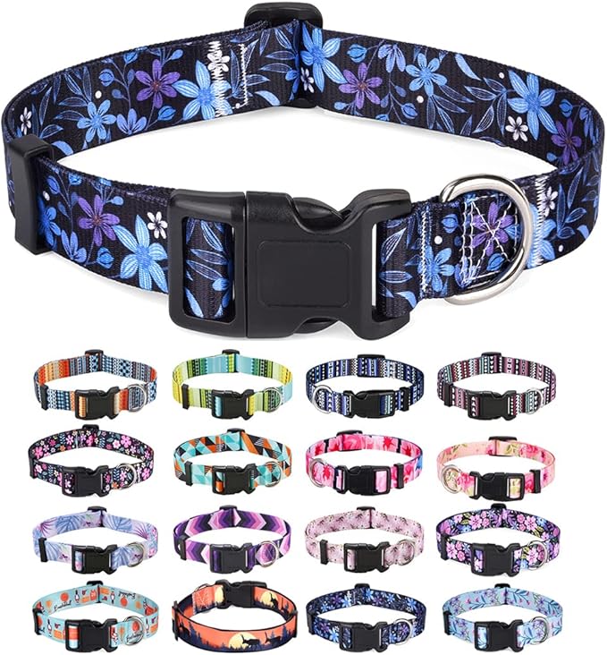Mihqy Dog Collar with Bohemia Floral Tribal Geometric Patterns - Soft Ethnic Style Collar Adjustable for Small Medium Large Dogs(Floral Blue,M)