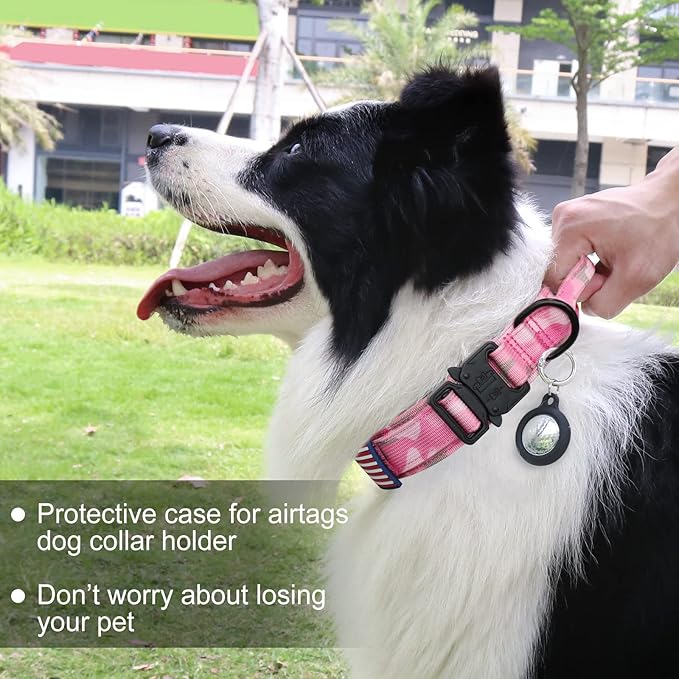 Hotsky Tactical Dog Collar, Adjustable Military Training Nylon Airtag Collar with Handle and Heavy Duty Metal Buckle for Medium Large Dogs, with Airtag Holder and Two Patches （Pink Camo,L）