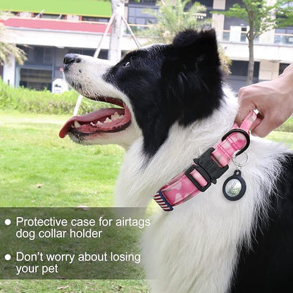 Hotsky Tactical Dog Collar and Leash Set, Heavy Duty Military Airtag Dog Collar with Handle and Metal Buckle for Training and Walking, with Airtag Holder and Two Patches (Pink Camo, M)