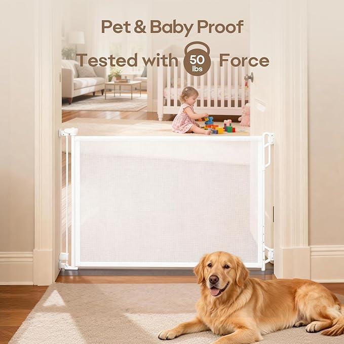 Spaceany Retractable Safety Baby Gate or Mesh Dog Gate,Durable Portable Mesh Retractable Gate,Easy to Use for Stairs, Doorways, Hallways, Indoor, Outdoor, 33.5" Tall, Extends to 55" Wide,White