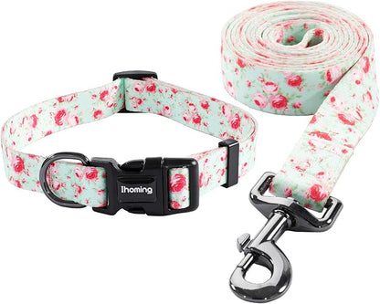Ihoming Dog Collar and Leash Set for Daily Outdoor Walking Running Training, Floral GreenLake Design for Medium Boys Girls Dogs Cats Pets, M-Up to 45LBS
