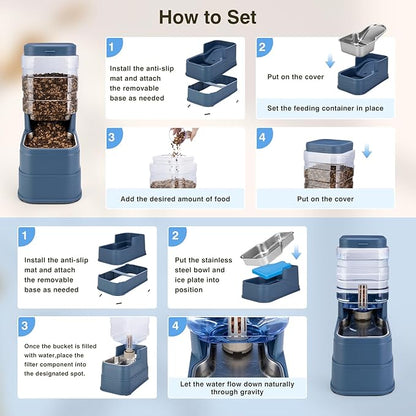 2 Pack Automatic Cat Feeder and Water Dispenser 1.3Gallon Dog Gravity Food Feeder and Water with Ice Pack Stainless Steel Dry Food and Waterer Bowl for Small Medium Large Pets (Blue)
