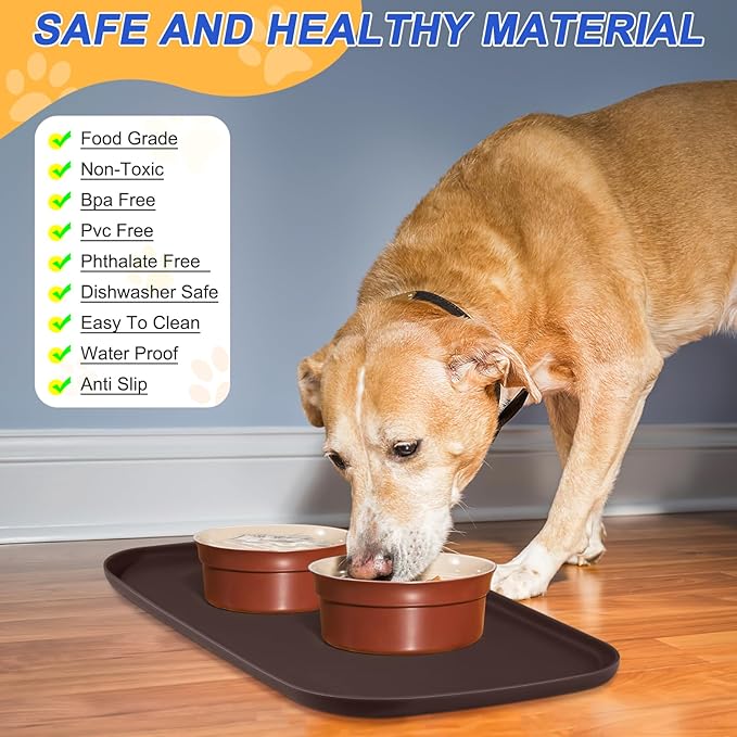 SMILOOL Silicone Pet Feeding Mat with Raised Edge for Food and Water, Dog Bowl Mats, Cat Bowls Placemat with High Lip for Floor Waterproof, Rubber Tray for Cats and Dogs 19 x 12 x0.7 Dark Brown