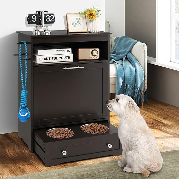 Tangkula Pet Feeder Station, Dog Food Storage Container With Double Pull Out Bowls, Food Toy Organizer Cabinet, Feeding Station Furniture for Dogs Cats Feeding & Watering Supplies (Brown)