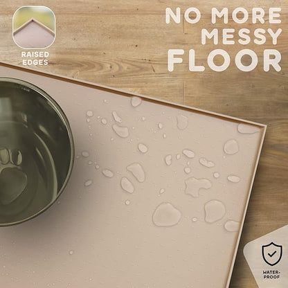 Dog Food Mat - 24x15 Raised Edges Dogs Mat for Food and Water Prevent Spill, Waterproof Cat Food Mats Protect Floors, Easy Clean Dog Bowl Mats for Food and Water, Silicone Pet Feeding Placemats Beige