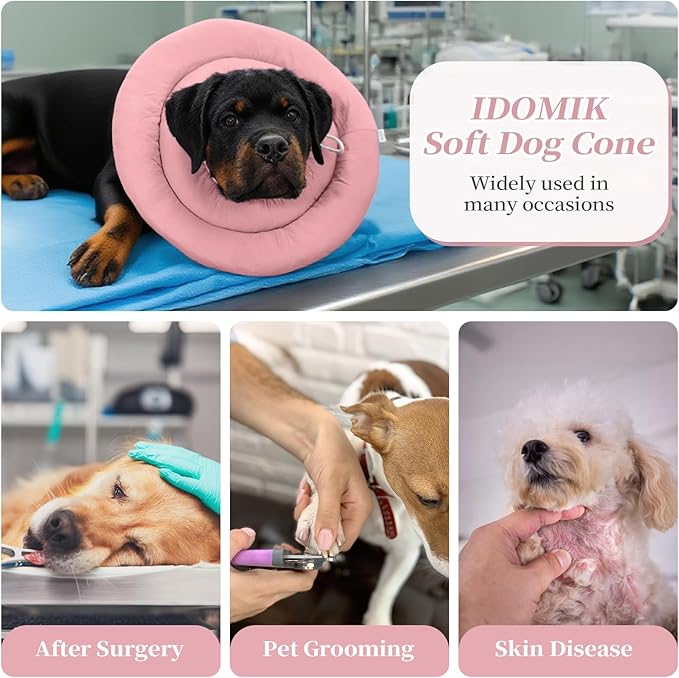 IDOMIK Dog Recovery Collar, Waterproof Soft Dog Cone After Surgery, Comfy Protective Elizabethan Collar Alternative for Dogs Cats, Adjustable Pet Neck Donut Cone Anti-Licking Biting Wounds,Pink,M
