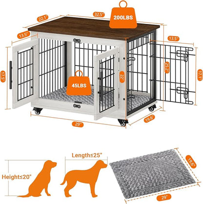 YaFiti Dog Crate Furniture with Cushion Set of 2, Wooden Dog Kennel Indoor with Double Doors, Dog Cage with Wheels, Dog House Side End Table for Small Medium Dogs up to 45 lb, 32.5" L, White