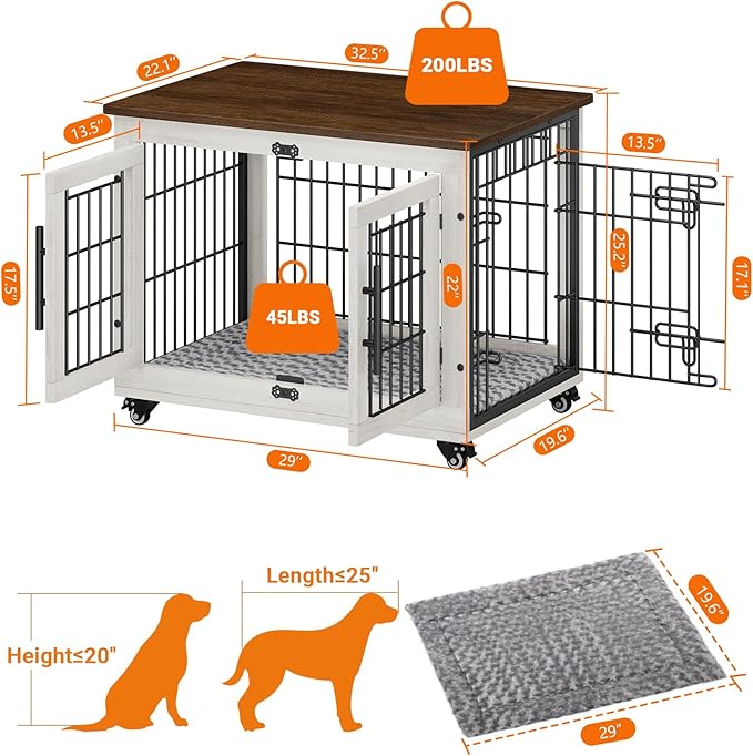 YaFiti Dog Crate Furniture with Cushion, Wooden Dog Kennel Indoor with Double Doors, Dog Cage with Wheels, Dog House Side End Table for Small Medium Dogs up to 45 lb, 32.5" L, White