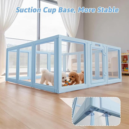 DIY Clear Acrylic Dog Playpen House,Quick Easy Assembly and Disassembly,Strong Floor Suction,Indoor and Outdoor Use,Easy Cleansing Puppy Fence (Sky Blue, 23.6" H, 12PCS)