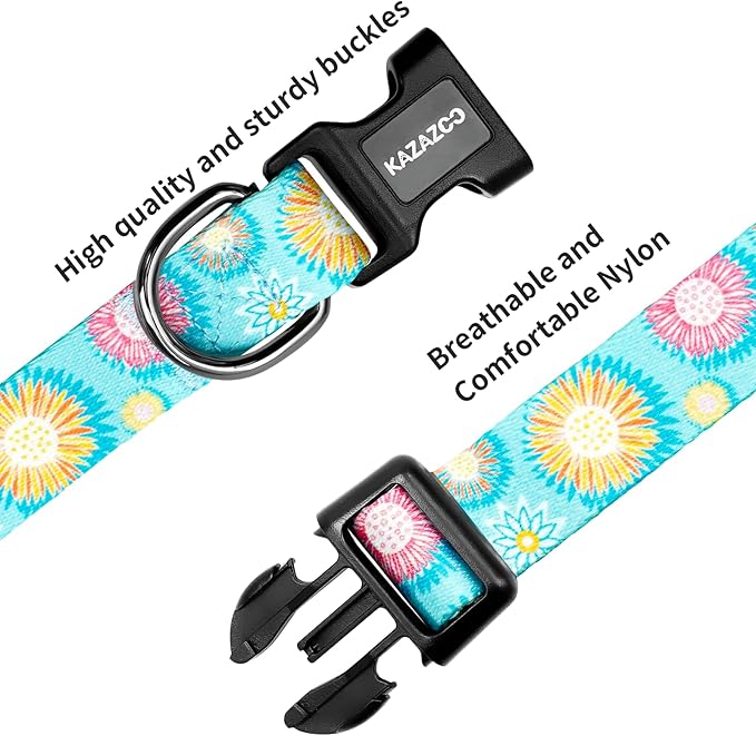 Kazazoo Dog Collar Cute and Soft Nylon Puppy Collar for Boy and Girl, Adjustable Dog Collars for Small Medium Dogs, Blue Sunflowers-XS