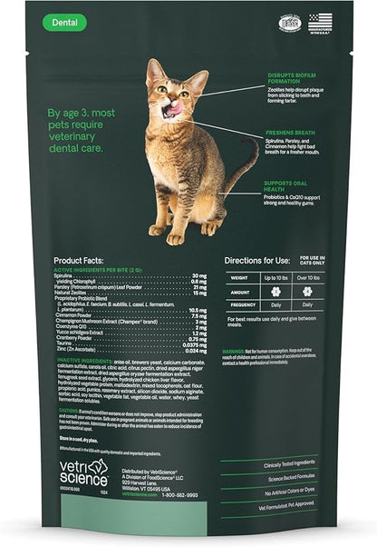 VetriScience Perio Plus Cat Teeth Cleaning Bites - Advanced Cat Breath Freshener - Dual Action Cat Dental Care Formula for Plaque Control & Fresh Breath, 60 Chews, Chicken Flavor