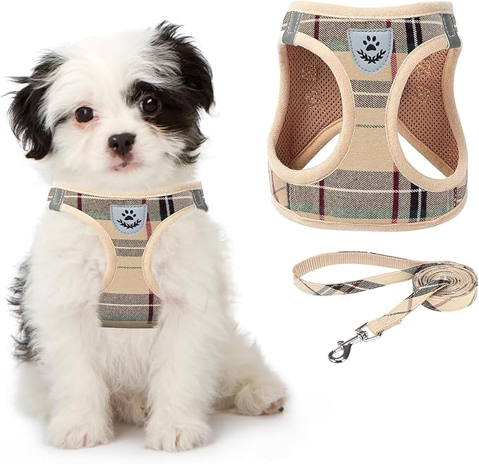 KOOLTAIL Dog Harness for Small Medium Dogs,Dog Harness and Leash Set, Step in No Pull Soft Mesh Padded Adjustable and Reflective Pet Vest Harness Puppy, Plaid Extra Harness for XS S Dogs, Beige XS