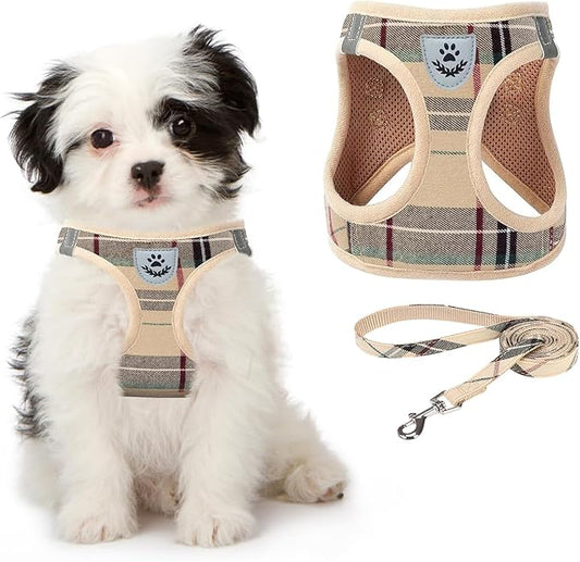 KOOLTAIL Dog Harness and Leash Set for Small Medium Dogs, Step in No Pull Soft Mesh Dog Harness Comfort Padded Pet Vest, Adjustable Reflective Easy Walking Puppy Cats Harnesses Training, Plaid Beige M