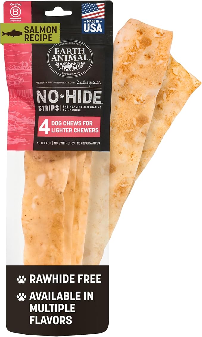 Earth Animal No Hide Strips - Natural Rawhide Free Dog Chew Strips, Salmon - 4 Count
