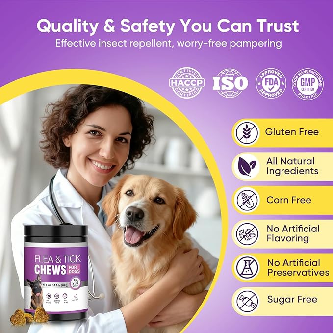Dog Flea and Tick Treatment Chewable 200 Treatment Chews Natural Soft Chew Fleas Ticks Treatment Dog Oral Chewables Support Supplement