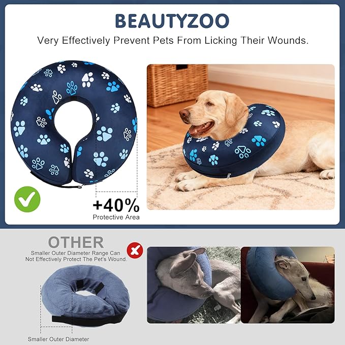 BEAUTYZOO Dog Cone Alternative After Surgery for Large Medium Small Dogs, Soft Inflatable Cone Collar for Dogs Cats, Pet Neck Donut E Collar Dog Recovery Collars to Stop Licking, Navy Blue Paw L