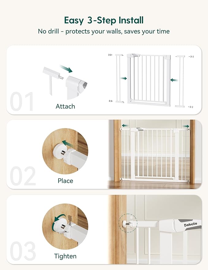 Babelio Metal Baby Gate, 29-43" Auto Close Easy Install Pet Gate PressGuard P7, Extra Wide Walk Thru Child Safety Gate, 30" Tall Pressure Mounted Dog Gate for Doorways & Stairs, White
