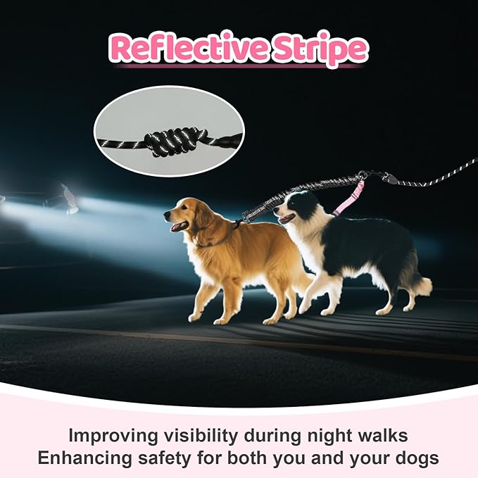 Double Dog Leash - 360°Swivel Tangle Free Splitter Attachment, 2 Dogs Multi-Functional Leashes, Dual Rope for Outdoor Walk Train Small Medium Large Two Pet, Pink