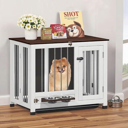 Dog Crate - 31.5" Wooden Dog Kennel Furniture with 360° Rotating Feeder & Removable Tray | Indoor Multi-Functional End Table for Medium & Small Dogs, White Dog Cage, Portable Pet Furniture