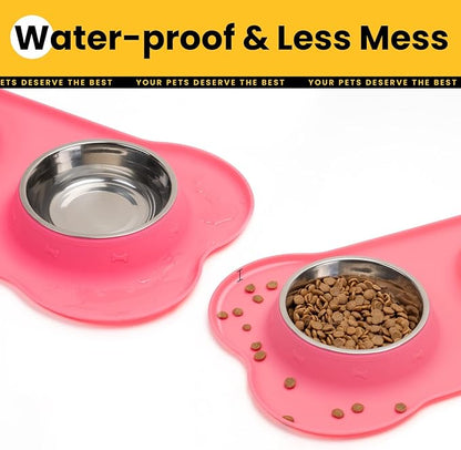 Conlun Dog Bowls with Silicone Feeding Mat,No Spill Food Water Dish Set,Dishwasher Safe,2 Stainless Steel Puppy Bowls with Dogs Bandanas,Suitable for Tiny Pets Under 8lbs,Extra Small,Pink