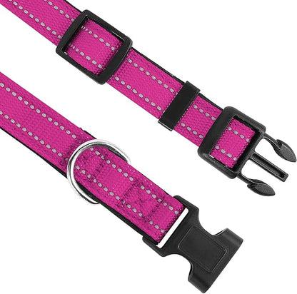 Reflective Dog Collar, Adjustable Soft Neoprene Padded Nylon Pet Collars with Buckle for Small Dogs, Rose Red,S