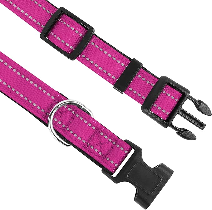 Reflective Dog Collar, Adjustable Soft Neoprene Padded Nylon Pet Collars with Buckle for Large Dogs, Rose Red,L