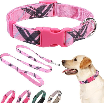Dog Collar and Leash Set for Medium Dogs, Adjustable Soft Puppy Collar with Quick Release Buckle, 5FT Heavy Duty Nylon Matching Leash for Boy Girl Chihuahua, Yorki, Bulldog, Pink M