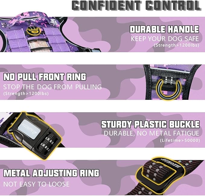 AUROTH Tactical Dog Harness for Large Dogs No Pull Adjustable Pet Harness Reflective Working Training Easy Control Pet Vest Military Service Dog Harnesses Purple Camo XXL