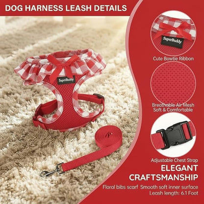 SuperBuddy Upgraded Soft Mesh Dog Harness, Super Breathable Lightweight Pet Harnesses for Puppy Dogs Outdoor Walking, Red Dog Harness and Dog Leash Set Packing -Medium