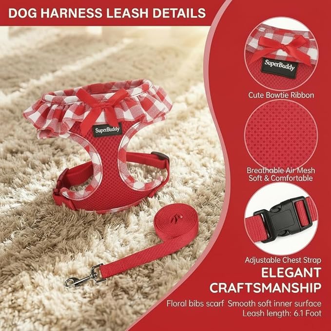 SuperBuddy Upgraded Soft Mesh Dog Harness, Super Breathable Lightweight Pet Harnesses for Puppy Dogs Outdoor Walking, Red Dog Harness and Dog Leash Set Packing -XSmall