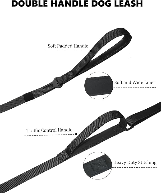 Hotsky Heavy Duty Dog Leash with Two Padded Handles,4.5-6 FT Adjustable Nylon Seatbelt Dog Leash with Traffic Handle and Carabiner for Large Medium and Small Breed Dogs that Pull,Black