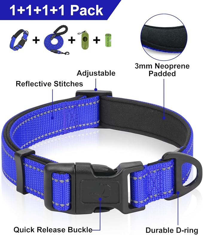 Dynmeow Reflective Dog Collar and Leash Set, 6FT Strong Climbing Rope Leash with Padded Handle, Adjustable Pet Collar with Soft Neoprene Padding for Puppy Small Dogs, Navy-Blue, Xs