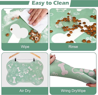 Dog Cat Mat for Food and Water,Rapid Absorbent Pet Feeding Mat, Bone Shaped Dog Placemat Bowl Mat with Rubber Backing,No Stains Pet Food Mats Indoor, Pet Accessories Supplies,Green 17"×29"