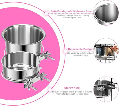 2 Pcs Small Pet Dog Food Water Bowl for Cage Stainless Steel Non-Spill Kennel Hanging Cats Pets Bowls with Clamp Holder Crate Feeder Dish for Small Dogs Pets (5.1x2.9'' & 4.7x1.9'')