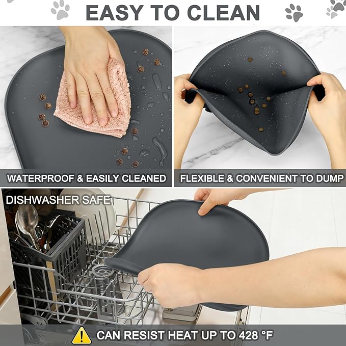 SMILOOL Small Silicone Pet Food Mat with Raised Edge for Food and Water Bowl, Square Dog Feeding Mats, Cat Food Trays for Floor Waterproof, Rubber Tray for Dogs and Cats, 12 x 12 x 0.7 Dark Grey