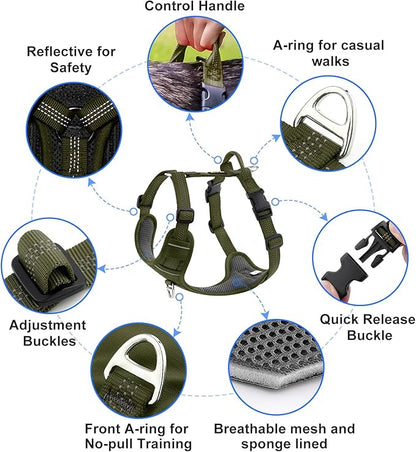 Plutus Pet No Pull Dog Harness, Reflective Adjustable Dog Vest Harness with Handle, Escape Proof, Soft Padded for Small Medium Large Dogs (Ranger Green, L)