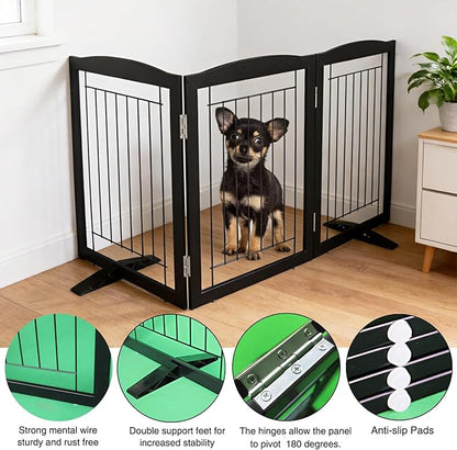 ZJSF Freestanding Dog Fence Indoor, Foldable Dog Gate for Doorways, Stairs or Hallways, Sturdy Wood Extra Wide Pet Gate with Support Feet for The House, Black, 24 "Height-3 Panels