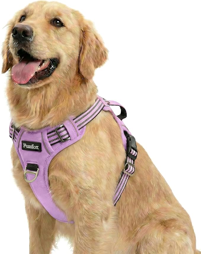 Funfox Dog Harness No Pull, Adjustable Pet Vest Harness, Super Soft Material with Vertical Handle Easy Control, Reflective Night Walking, 2 Leash Clips for Large Dogs, Purple, L