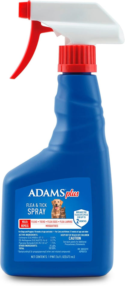 ADAMS Plus Flea & Tick Dog and Cat Spray, Kills Fleas & Ticks, Repels Mosquitoes, Prevents Flea Infestations for up to 2 Months, Flea Treatment for Dogs, Cats, Puppies, & Kittens, 16 Fl oz
