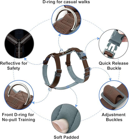 Plutus Pet No Pull Dog Harness, Adjustable Nylon Harness with Soft Padding, Reflective and Heavy Duty Dog Harness for Small, Medium, Large Dogs(Chocolate, M)