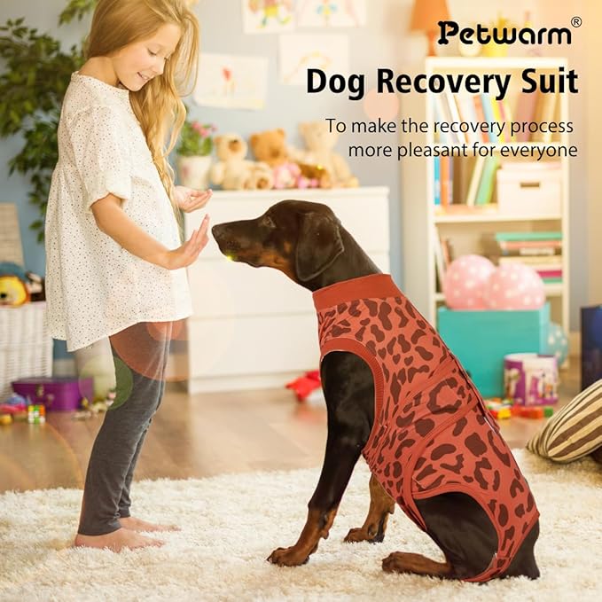 PetWarm Dog Recovery Suit, Surgical Suit for Dogs Female Spay Male Neutered, After Surgery Dog Onesie, Anti-Licking Dog Surgery Recovery Suit, Leopard Pattern, Red, S