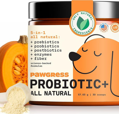 5-in-1 Dog Probiotic Powder – 100% Natural Gut Health Support with Prebiotics, Postbiotics & Enzymes - Made in USA – 30 Scoops