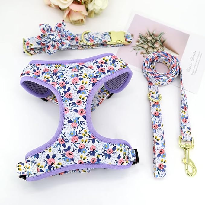 Beirui Cute Girl Dog Collars, Harnesses & Leashes Set - Adjustable Dog Collar and Leash Set with Flower - Soft Mesh Dog Vest Harness for Puppies Small Medium Dogs (Blue,S)