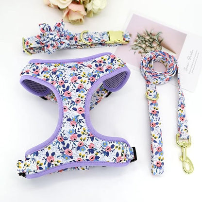 Beirui Cute Girl Dog Collars, Harnesses & Leashes Set - Adjustable Dog Collar and Leash Set with Flower - Soft Mesh Dog Vest Harness for Puppies Small Medium Dogs (Blue,M)