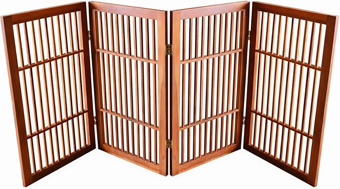 Urnporium Pet Dog Gate Freestanding, Strong Durable Folding Wooden Fence, Portable Acacia Hardwood Safety Barrier for Indoor & Outdoor Use (Brown Pet Gate, 4 Panel 30" Tall)