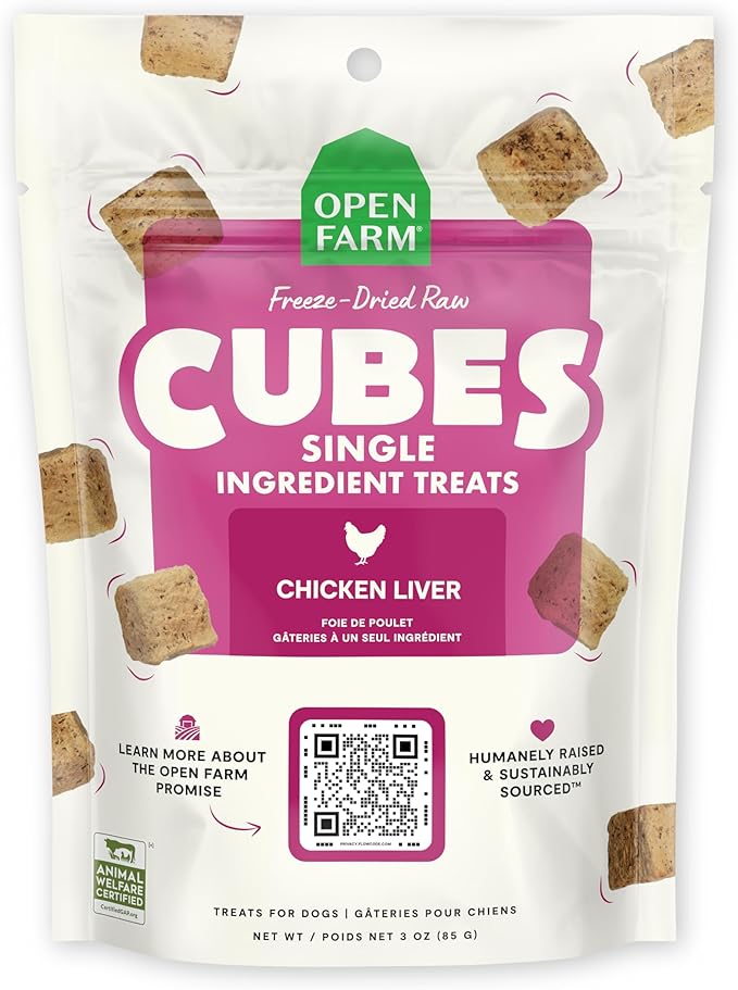 Open Farm Cubes, Freeze-Dried Raw, Single Ingredient Dog Treats, Chicken Liver, 3oz Pouch