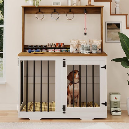 31'' Wooden Dog Crate Furniture with Storage Shelf & 4 Hooks - Heavy Duty Dog Kennel for Small/Medium Dogs, Indoor Pet Cabinet, Side Table, White